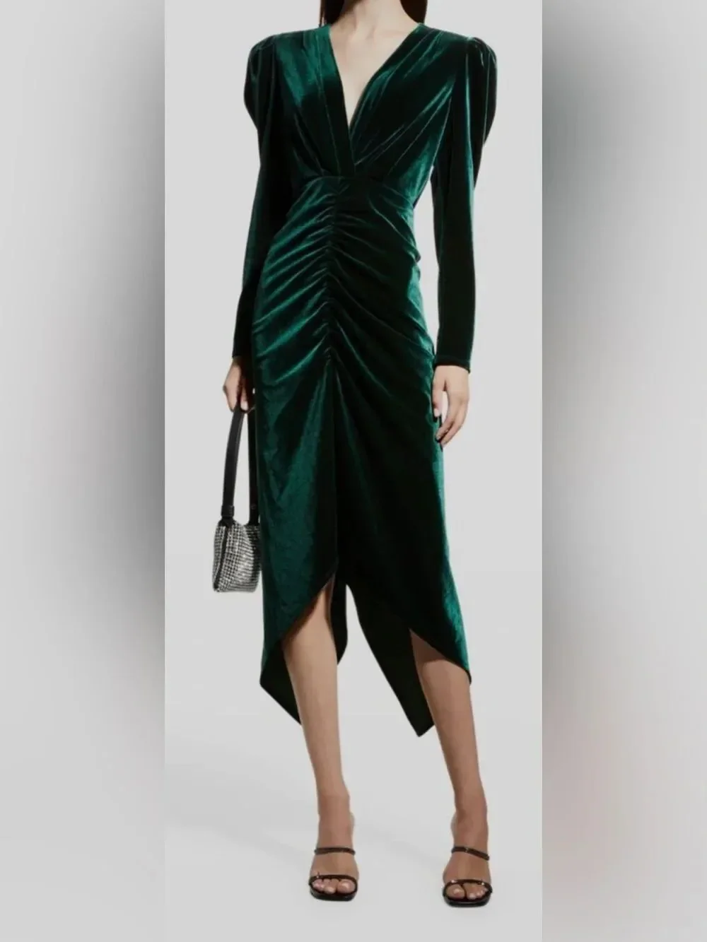 Ronny Kobo Collection Emerald Green Velvet Ruched Midi Dress $598